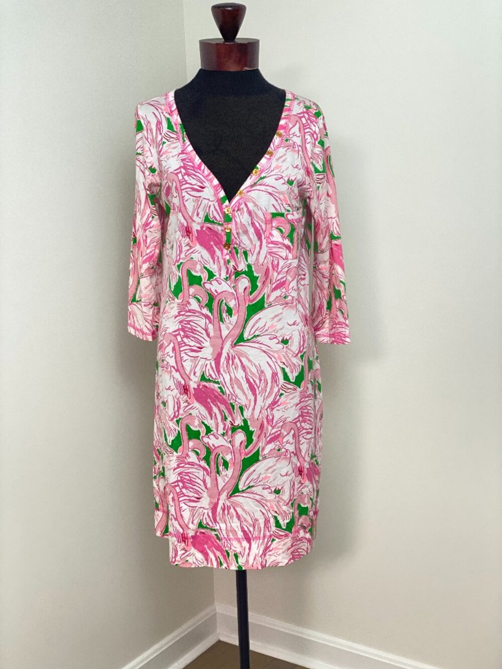 Lilly Pulitzer Palmetto Dress Pink Colony Flamingo V-Neck Gold Button Large